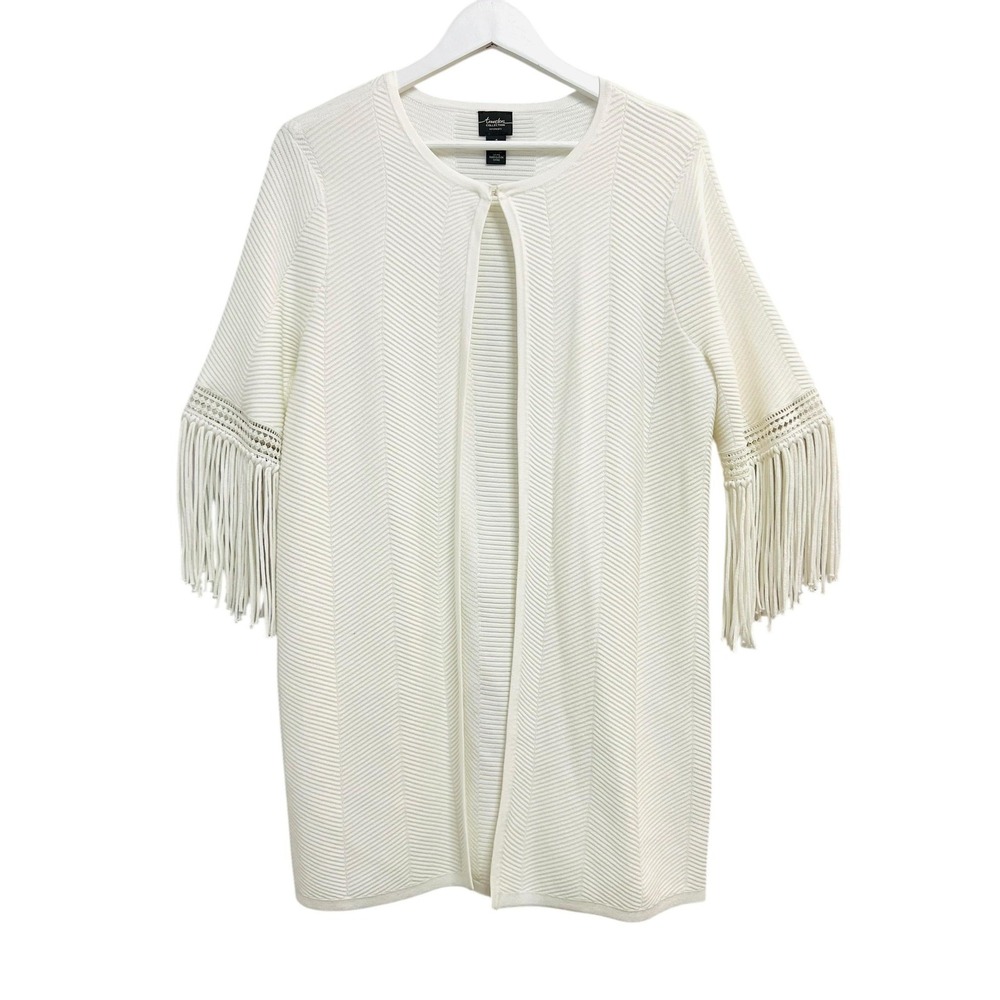 Chicos Travelers Sweater Cardigan Womens 1 Medium White Fringe Sleeve Open Front